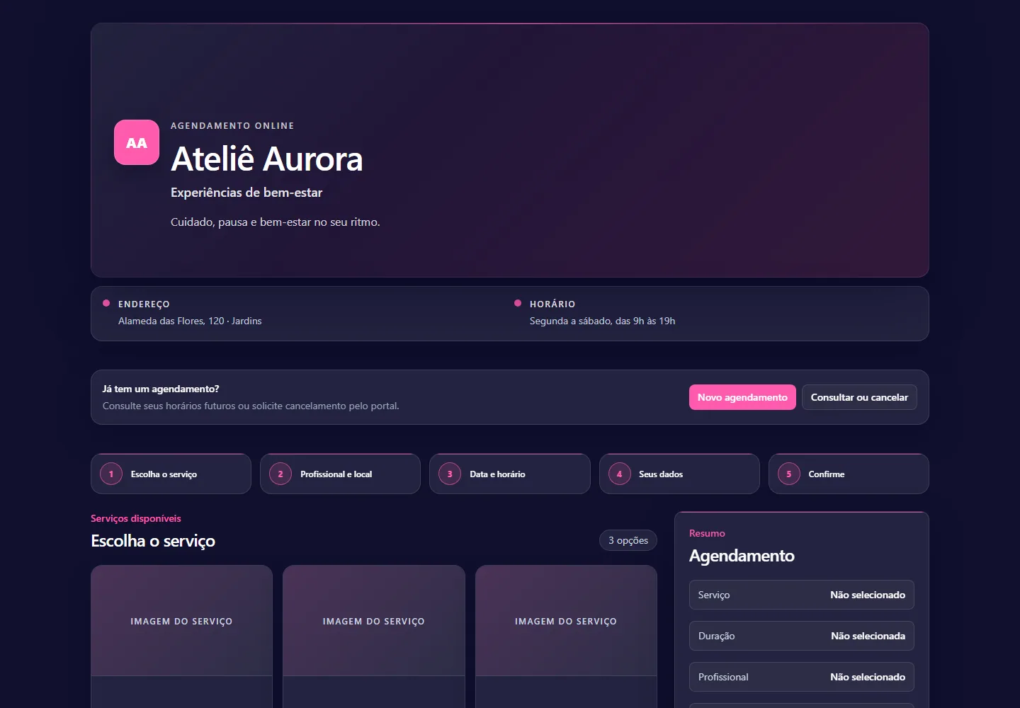 Portal público real do Fluxora para escolha de serviços