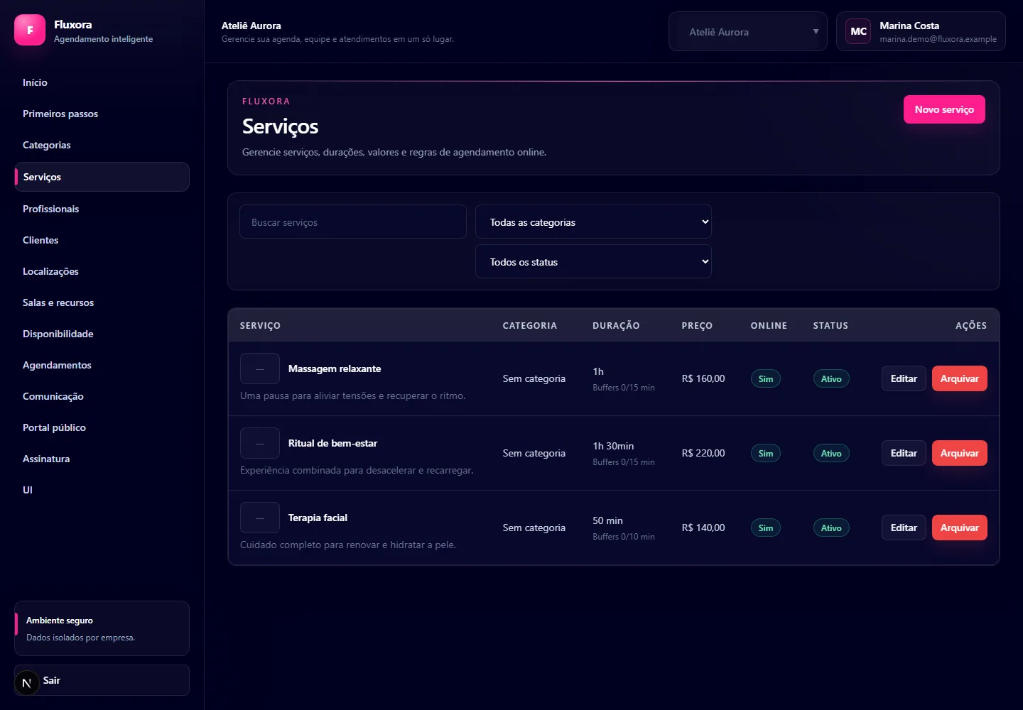 Tela real do Fluxora exibindo serviços configurados