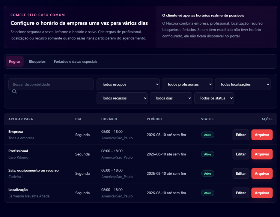 Configuração real de disponibilidade no Fluxora